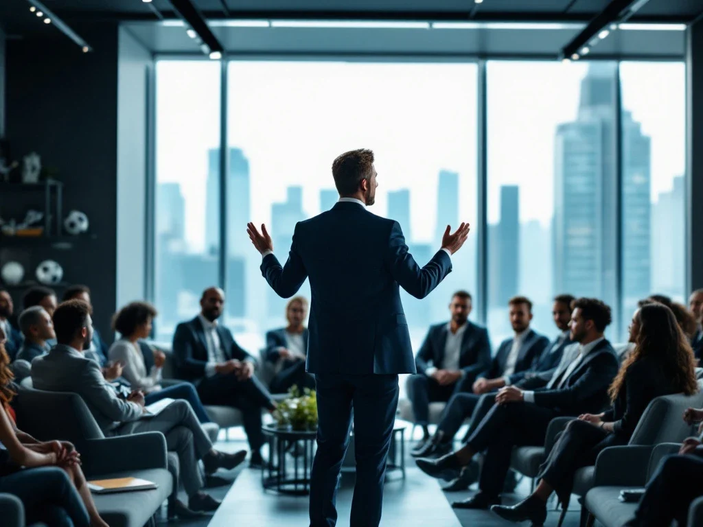 Een charismatische spreker inspireert een diverse groep professionals in een moderne vergaderruimte met uitzicht op de stad.