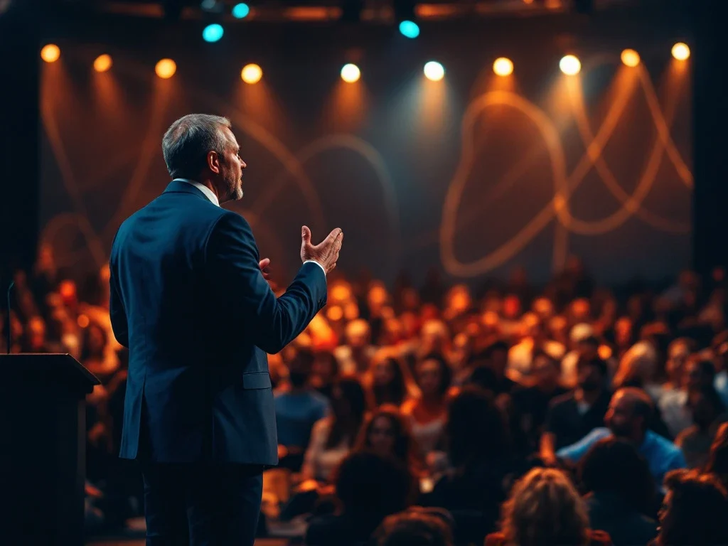Een charismatische spreker op een podium inspireert een divers publiek met passie