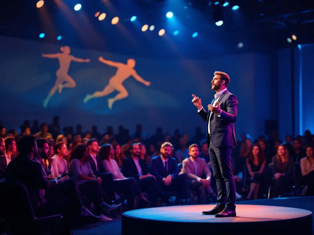 Een spreker in zakelijke kleding spreekt gepassioneerd een divers publiek toe; sportieve elementen symboliseren vitaliteit.