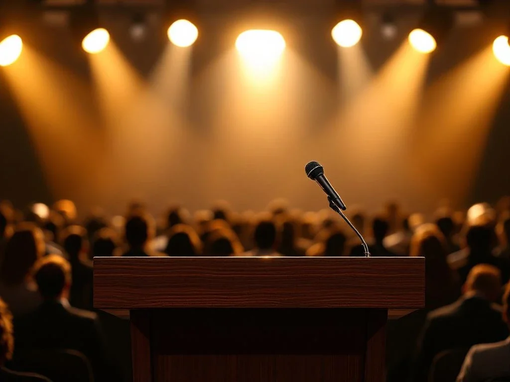 Houten spreekgestoelte met microfoon op verlichte conferentiepodium voor keynote presentatie met publiek op achtergrond