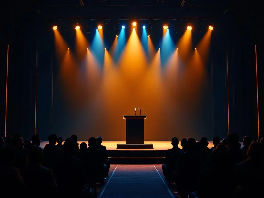 Lege conferentiepodium met microfoon onder dramatische spotlights