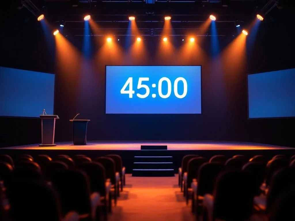 Professioneel conferentiepodium met grote digitale timer die 45:00 toont