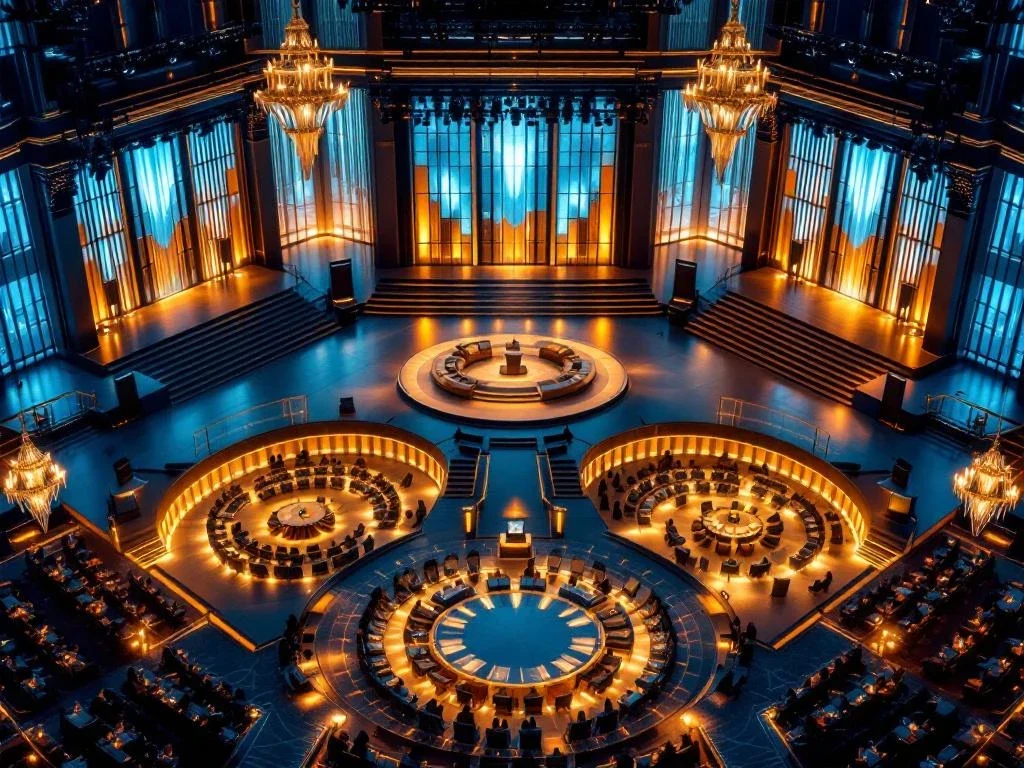 Luchtfoto van moderne conferentievenue met glazen auditorium