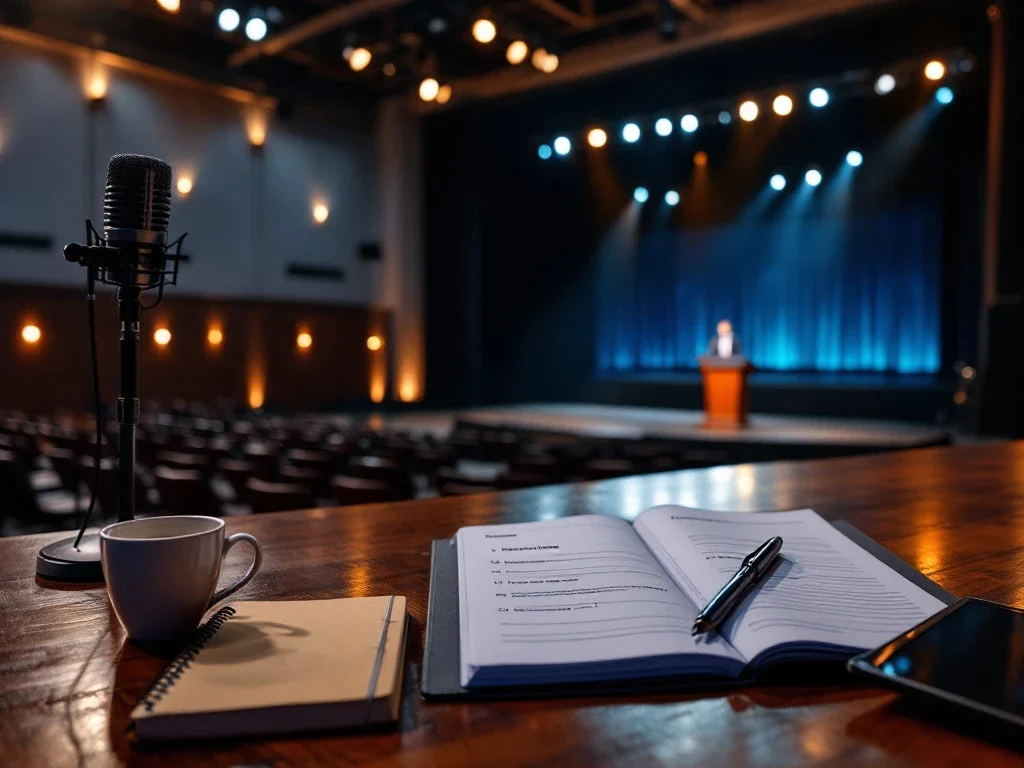 Professioneel conferentiepodium met voorbereidingsmateriaal