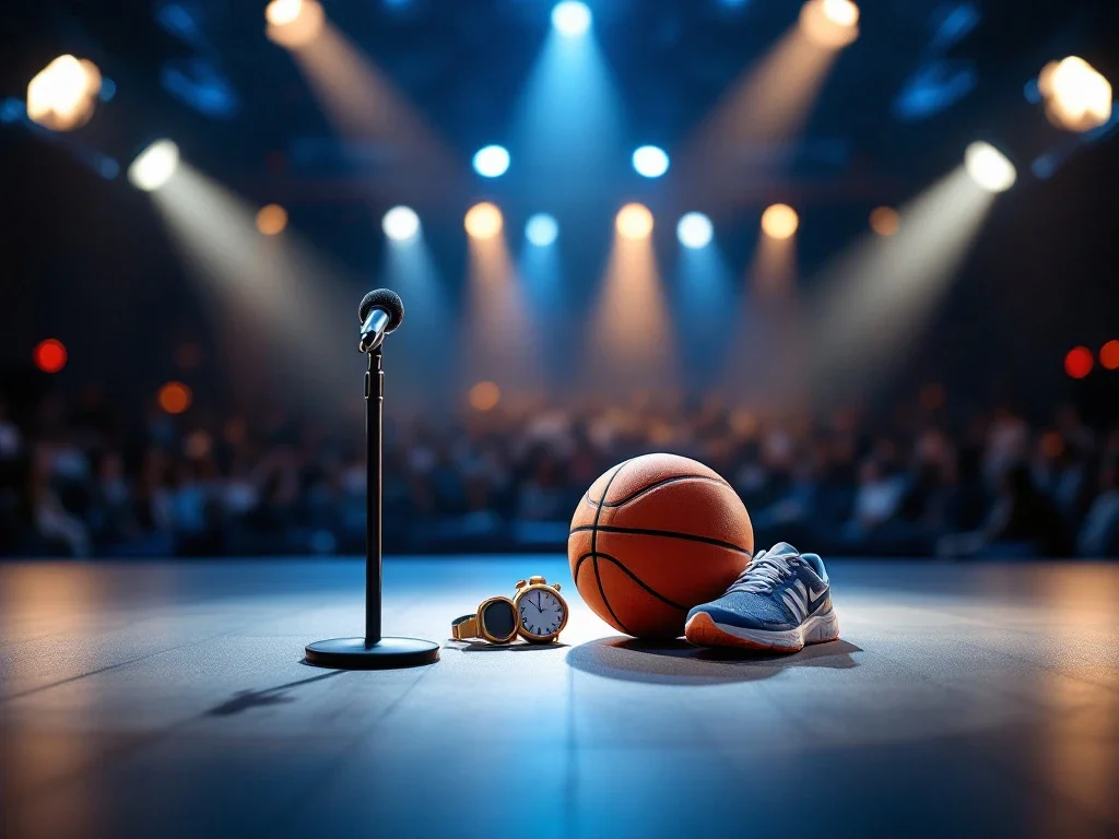 Moderne podium met sportuitrusting—basketbal
