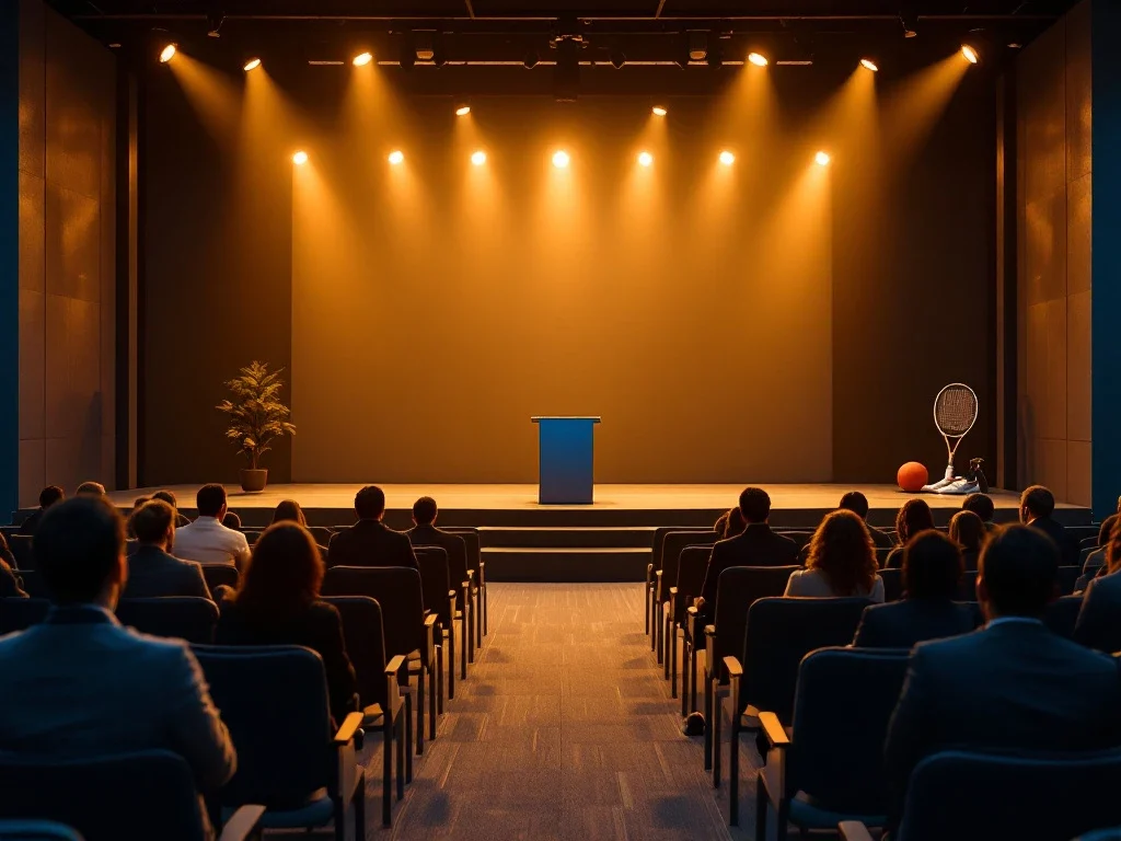 Professionele conferentiezaal klaar voor bedrijfsdag met leeg podium