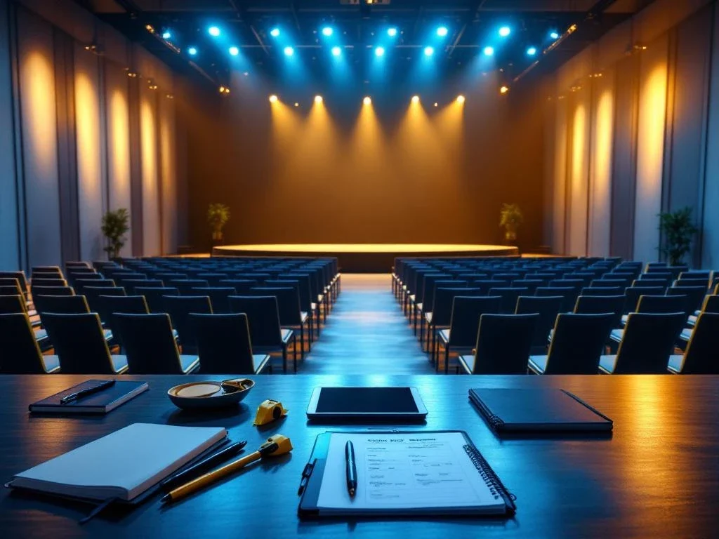 Moderne conferentiezaal met lege stoelen gericht op verlicht podium