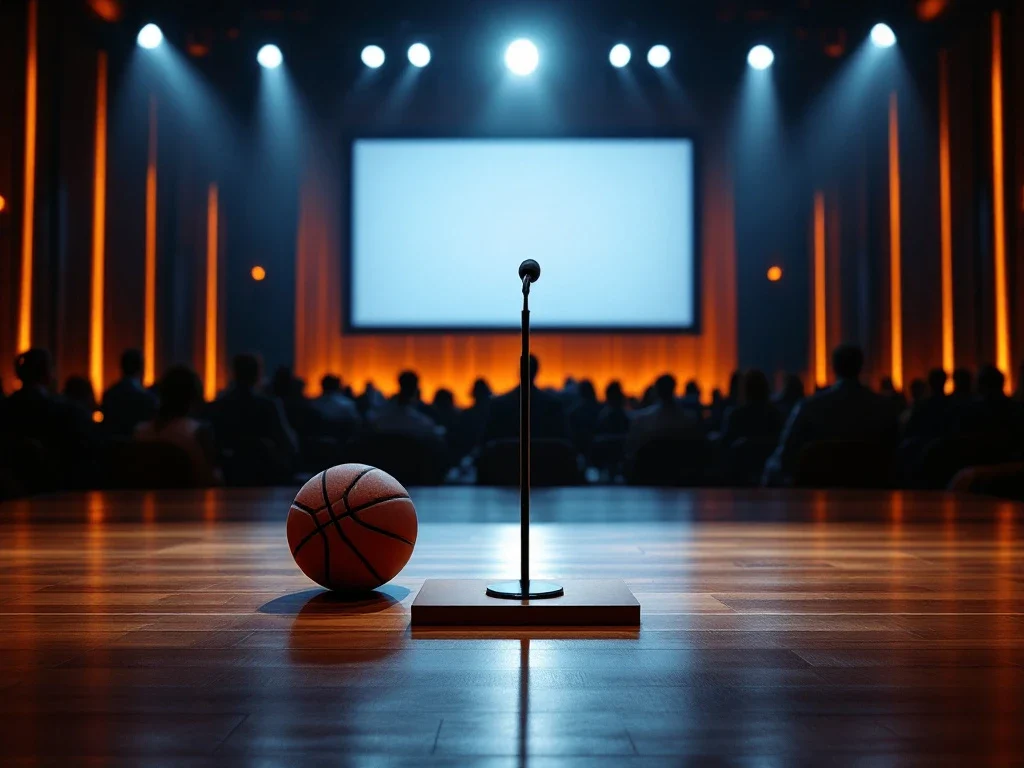 Leeg podium in conferentiezaal met oranje accentverlichting