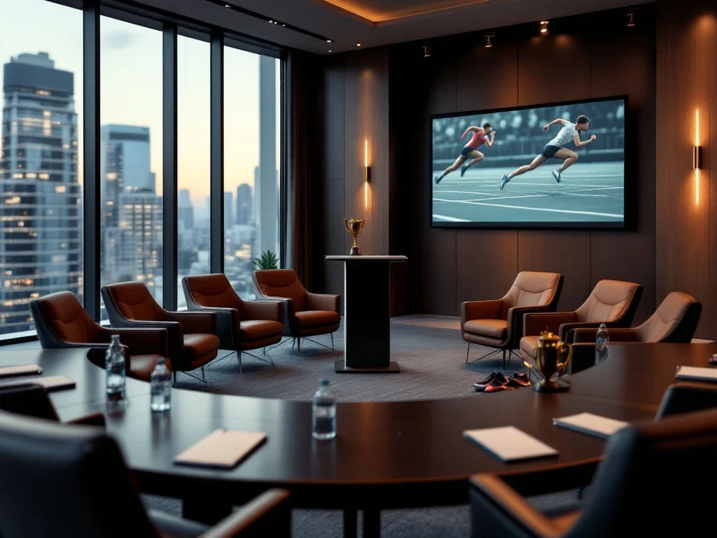 Intieme vergaderzaal met halfronde opstelling van leren stoelen rond een presentatiepodium met sportattributen. Grote ramen