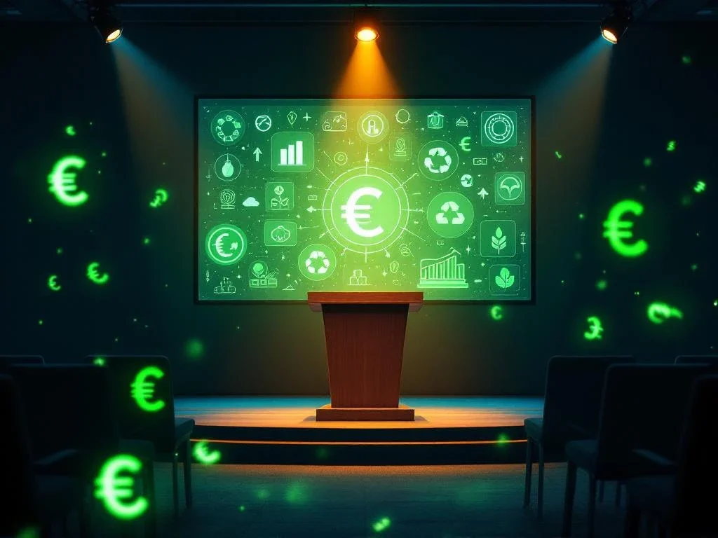 Professionele conferentiezaal met houten podium en groot scherm met groene duurzaamheidspictogrammen en euro-symbolen