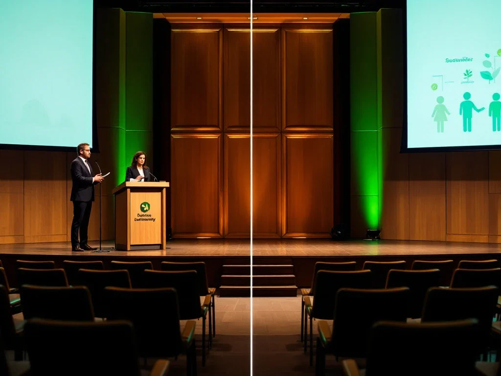 "Professioneel podium voor duurzaamheidsevenement met links een dagvoorzittersplek en rechts een sprekerspositie met groene presentatieschermen."