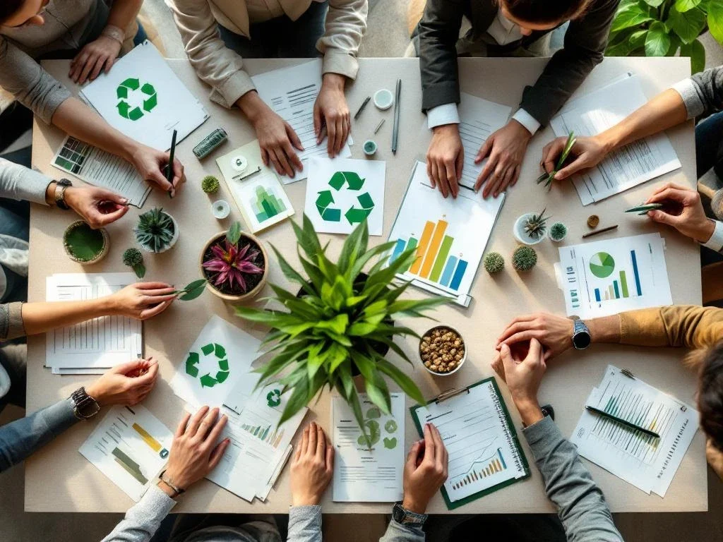 Diverse handen werken samen aan duurzaamheidsworkshop met eco-materialen en recycling grafieken op moderne tafel