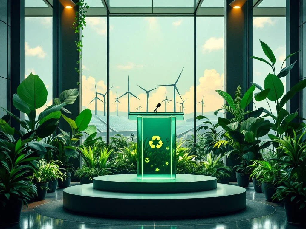 Moderne glazen spreekgestoelte op zakelijke conferentie met duurzame elementen en groene planten op de achtergrond