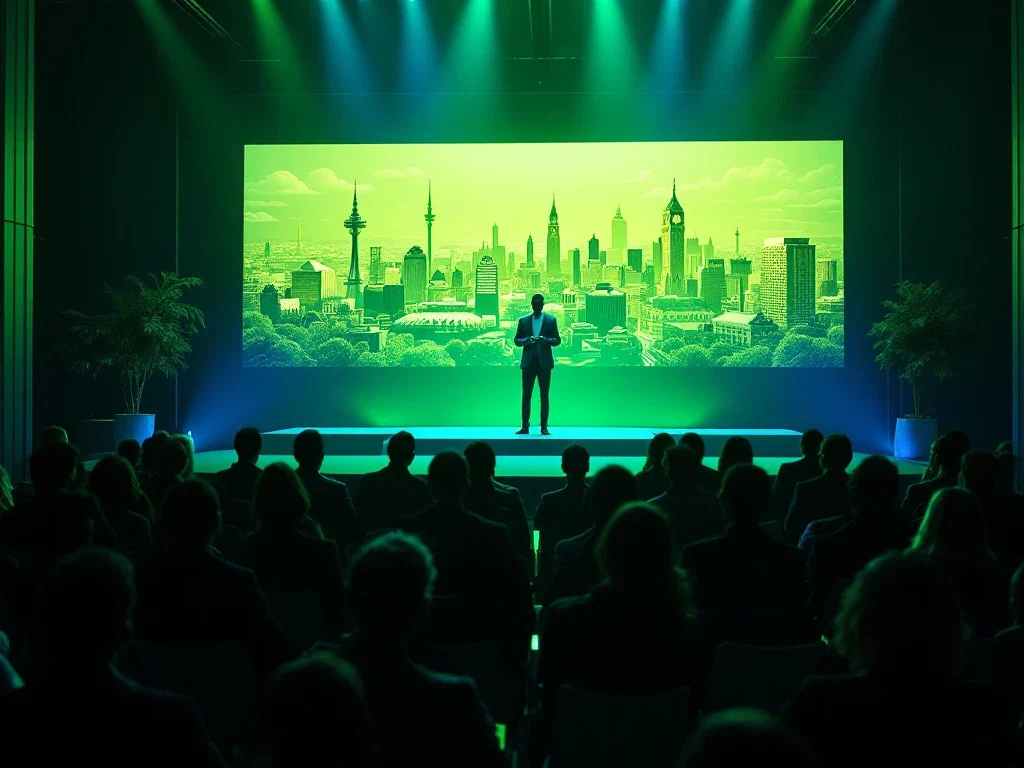 Spreker op modern podium presenteert holografische groene stad voor zakelijk publiek in duurzame conferentieruimte met futuristische technologie en dramatische verlichting.