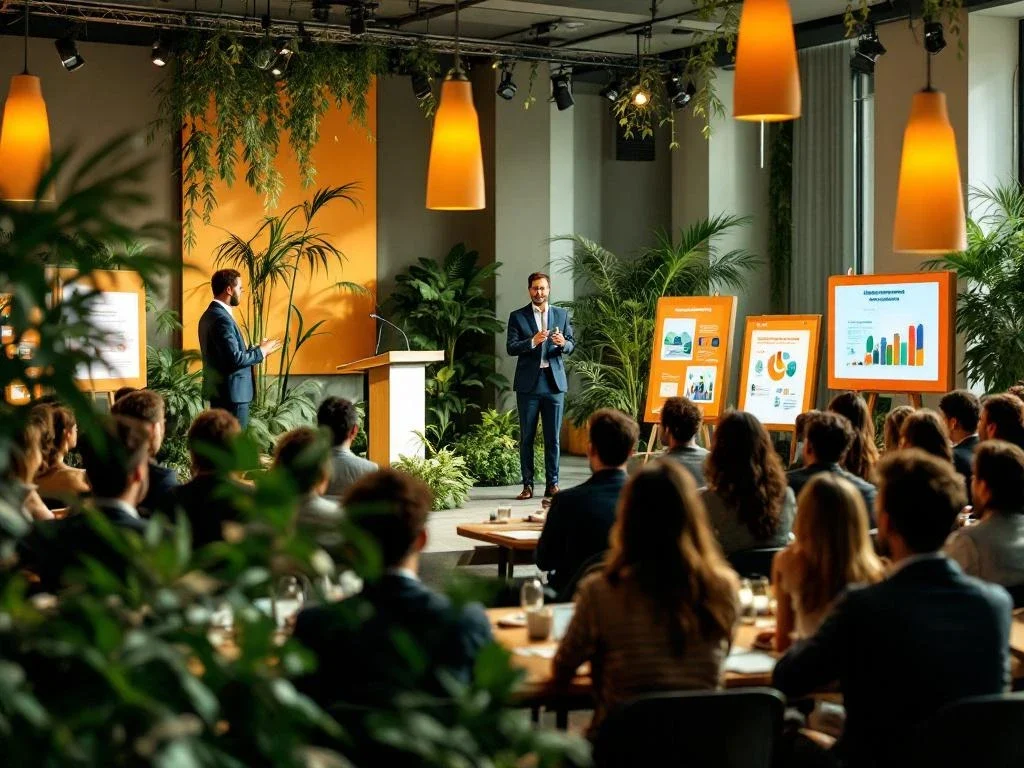 Professionele spreker presenteert in duurzame conferentieruimte met bamboe vloer