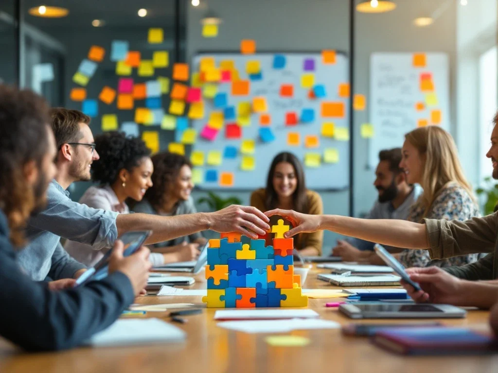 Een diverse groep werkt samen in een vergaderzaal met kleurrijke post-its
