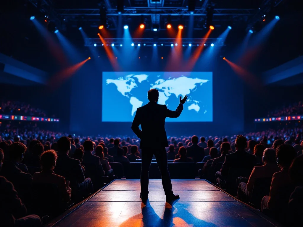 Spreker op conferentiepodium presenteert aan internationaal publiek met vertaalheadsets