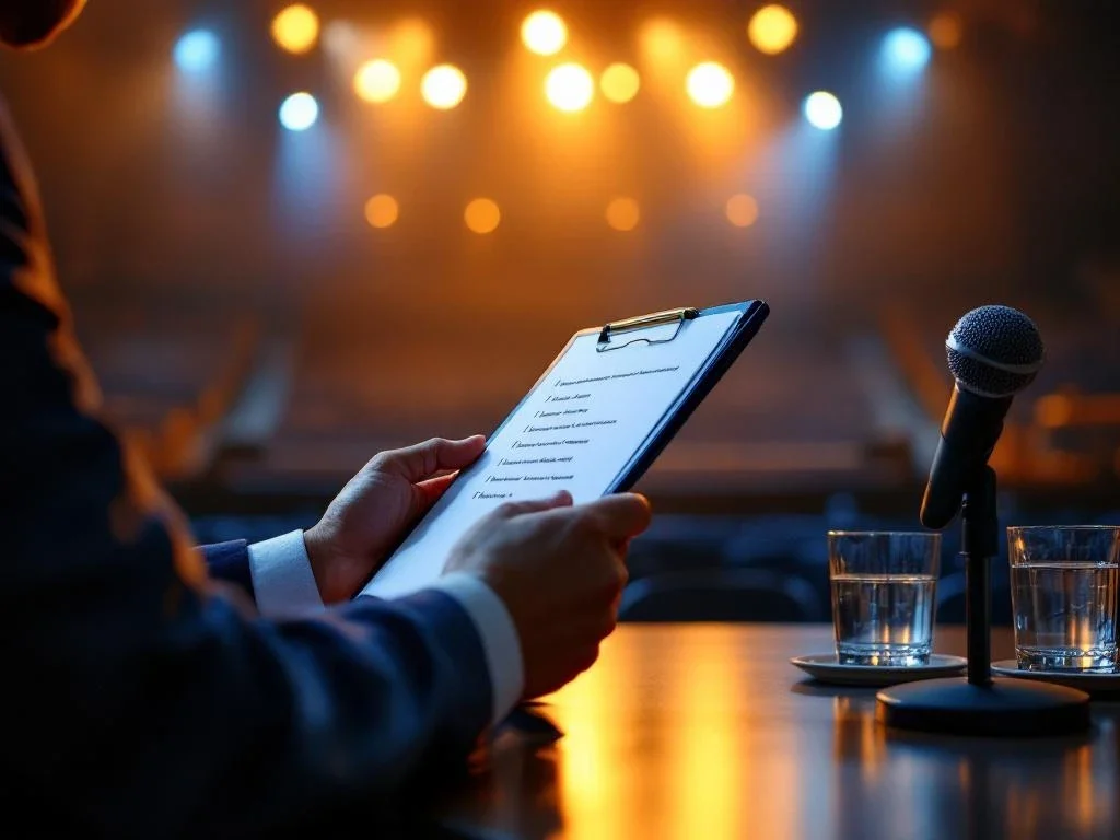 Handen houden klembord met interviewvragen vast boven conferentietafel