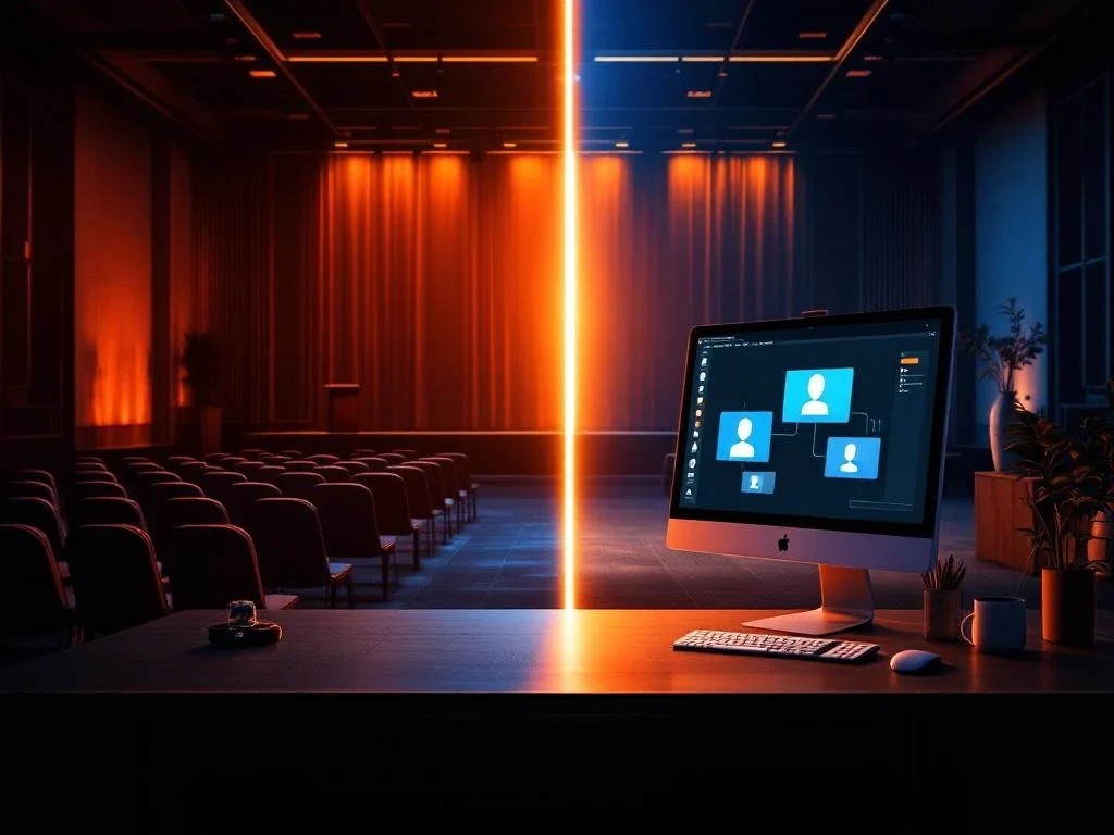 Gesplitst scherm toont lege conferentiezaal links en moderne thuiswerkplek met computer rechts
