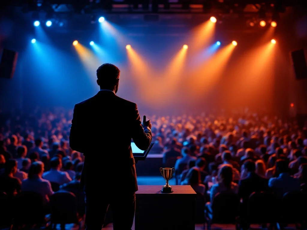 Silhouet van keynote spreker op podium met sporttrofee