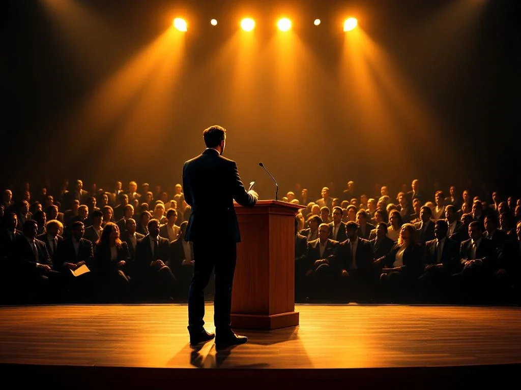 Spreker bij podium presenteert aan aandachtige zakelijke professionals tijdens keynote presentatie met dramatische belichting