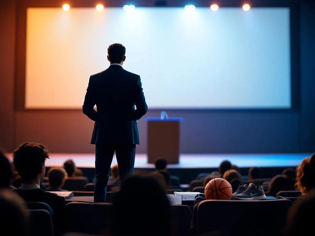 Spreker op verlicht podium met publiek