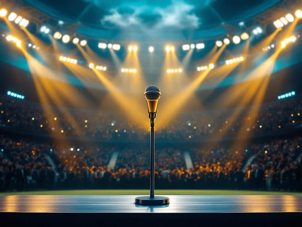 Professionele microfoon op podium in sportstadion met zakelijke publiek