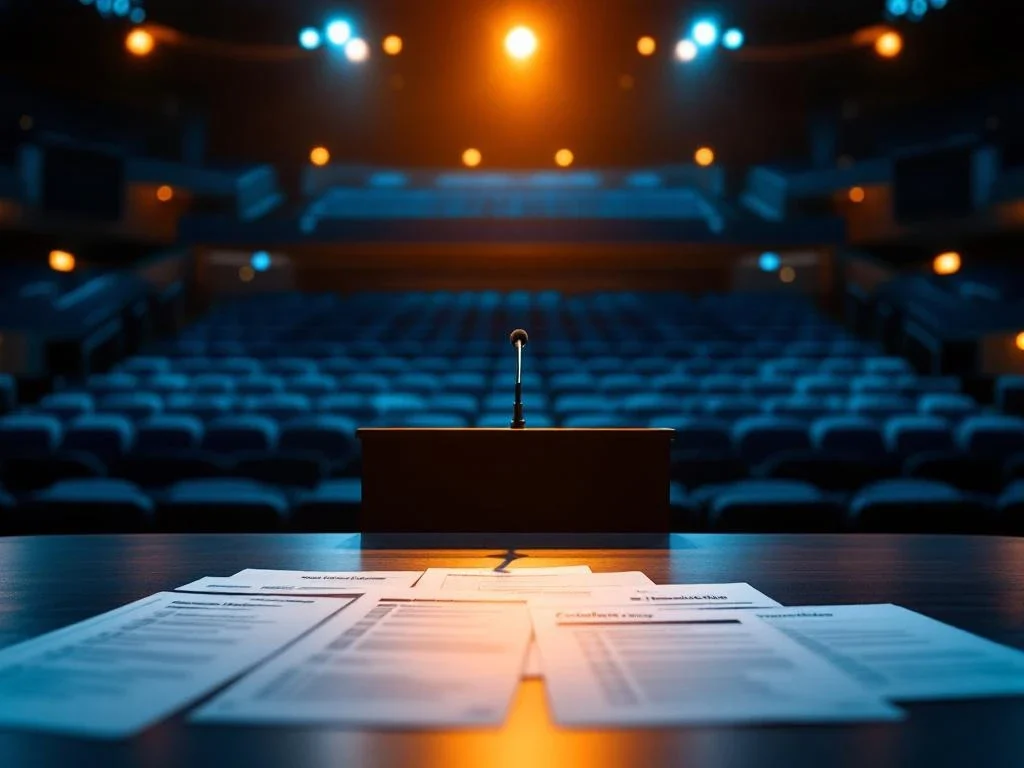 Professionele conferentiezaal met houten podium en microfoon