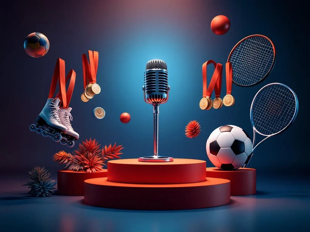 Microfoon op podium omringd door Nederlandse sportuitrusting zoals voetbal