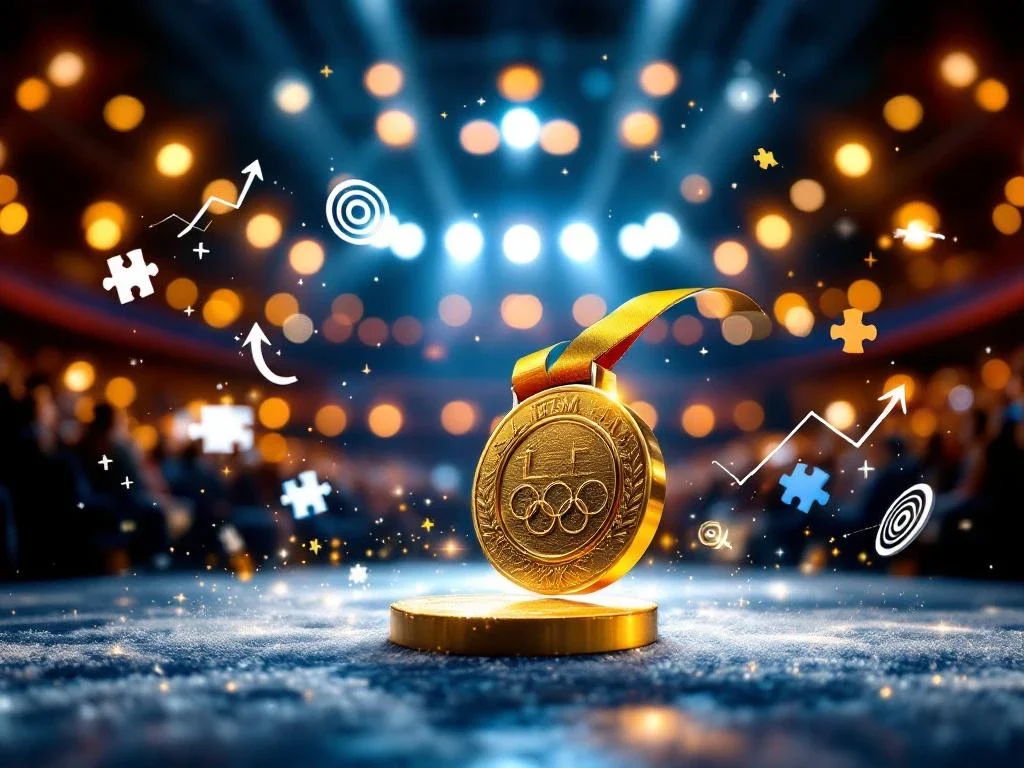 Gouden Olympische medaille met schaatsen en motivatiesymbolen tegen onscherpe auditoriumachtergrond