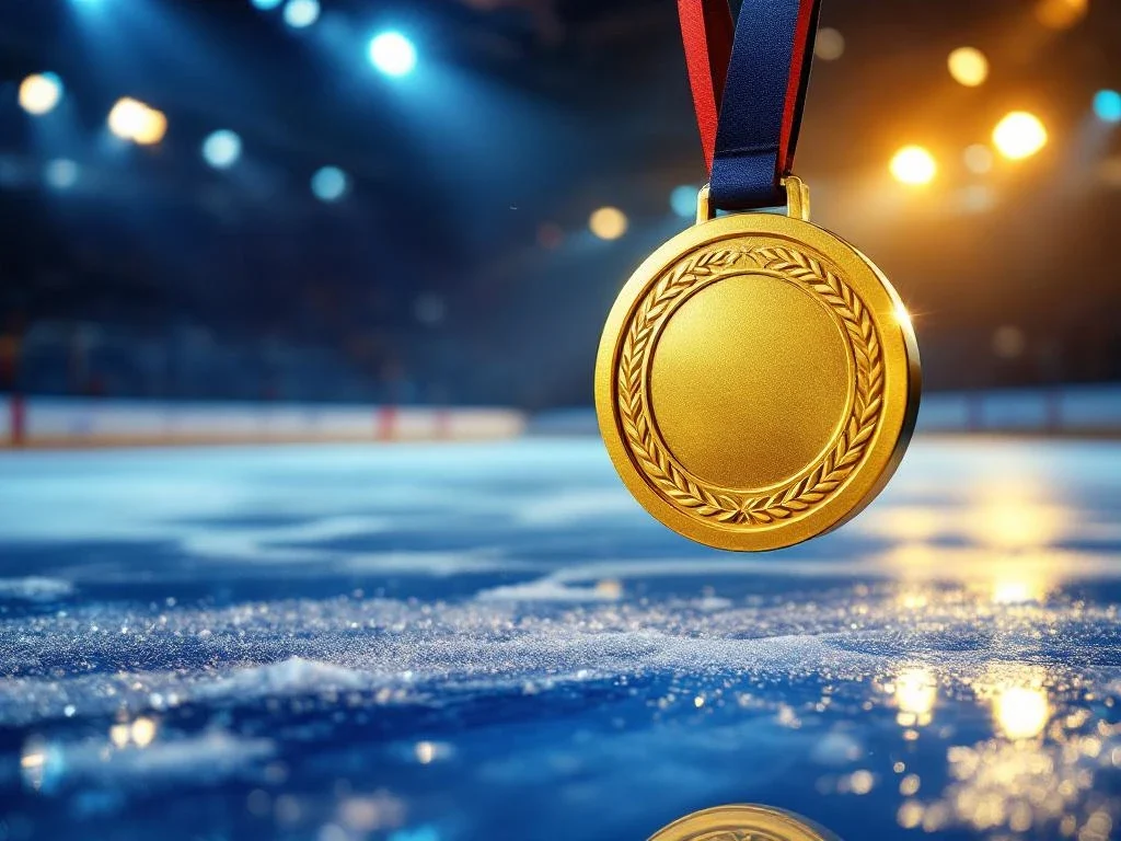 Gouden Olympische medaille zweeft boven ijsbaan met microfoon op voorgrond