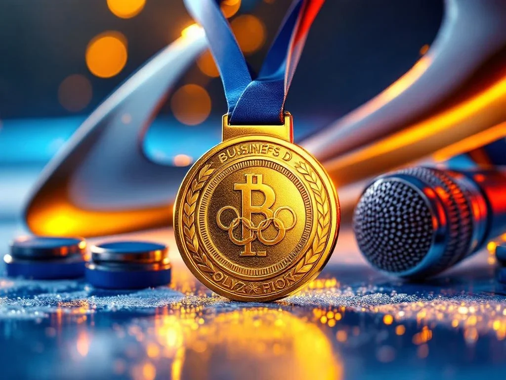Olympische gouden medaille met dramatische verlichting naast schaatsbladen