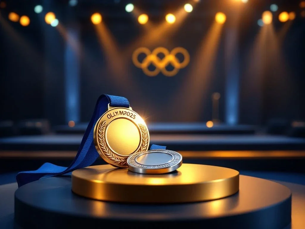 Olympische medailles op podium met professionele spreekstage en microfoon op achtergrond