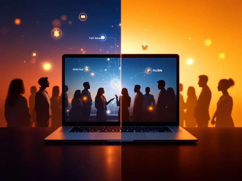 Laptop met virtuele presentatie verbonden met diverse groep mensen via digitale lijnen en pictogrammen op blauworanje achtergrond