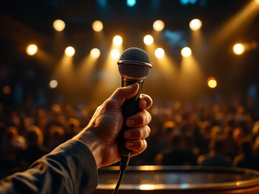 Handen grijpen podium microfoon tijdens keynote presentatie met publiek en dramatische podiumverlichting op achtergrond