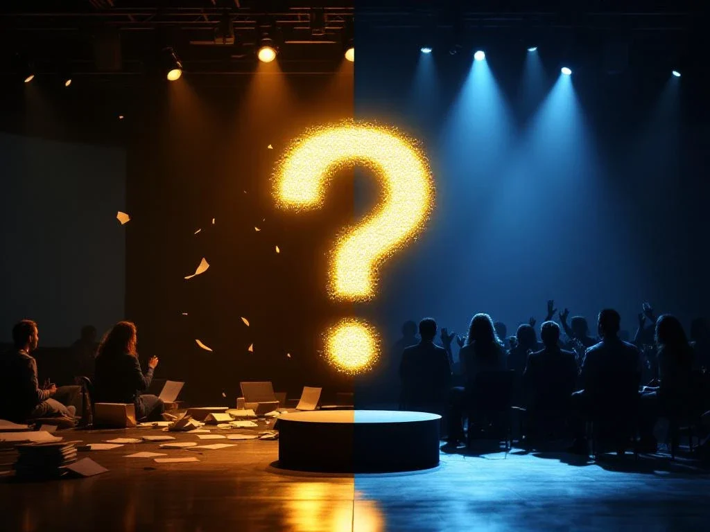 Gesplitst scherm toont chaotische vergaderruimte links versus succesvol podium rechts