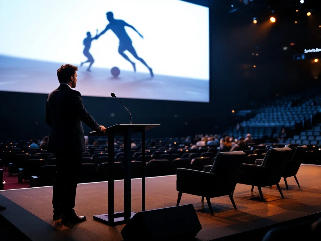 Een professionele Q&A-podiumopstelling in een sportstadion met moderatorlessenaar
