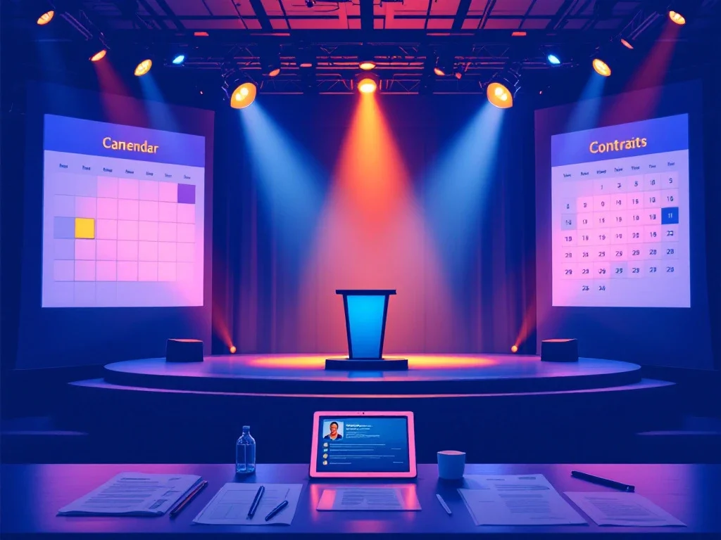 "Professioneel podium voor sportconferentie met kalender