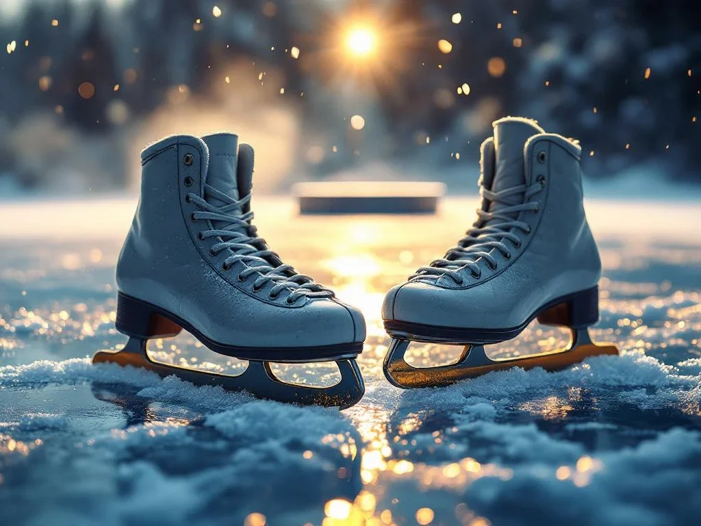 Schaatsen op glanzend ijs met gouden lichtreflecties en Olympisch podium op achtergrond in atmosferische mist
