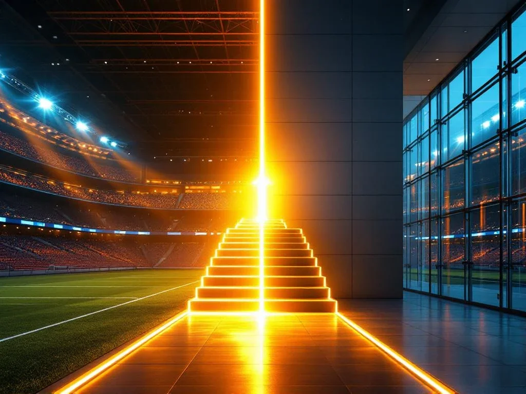 Gesplitst beeld van sportstadion en moderne vergaderzaal verbonden door gouden lichtbrug met trofee en pijlen