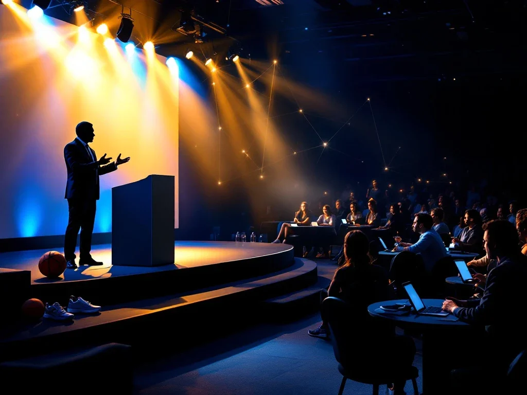Keynotespreker gebaart energiek op sportconferentie podium; publiek zit aan interactieve tafels met tablets onder blauwe-gouden verlichting.