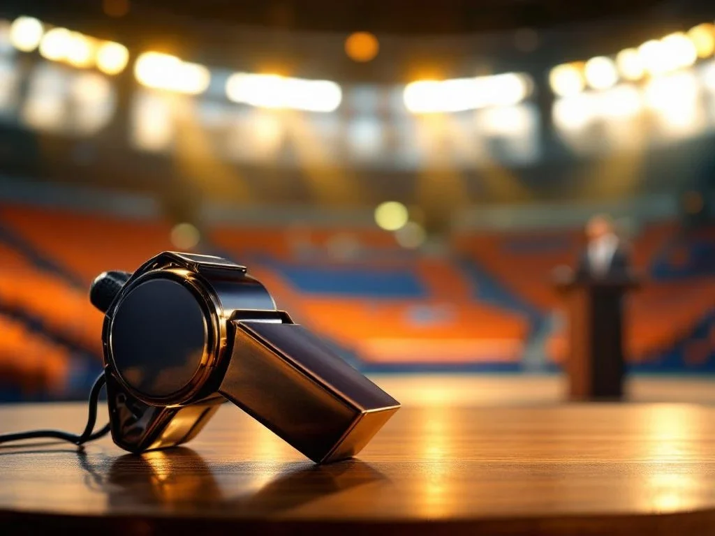 Sporterfluitje onder stadionverlichting met podium en microfoon op achtergrond