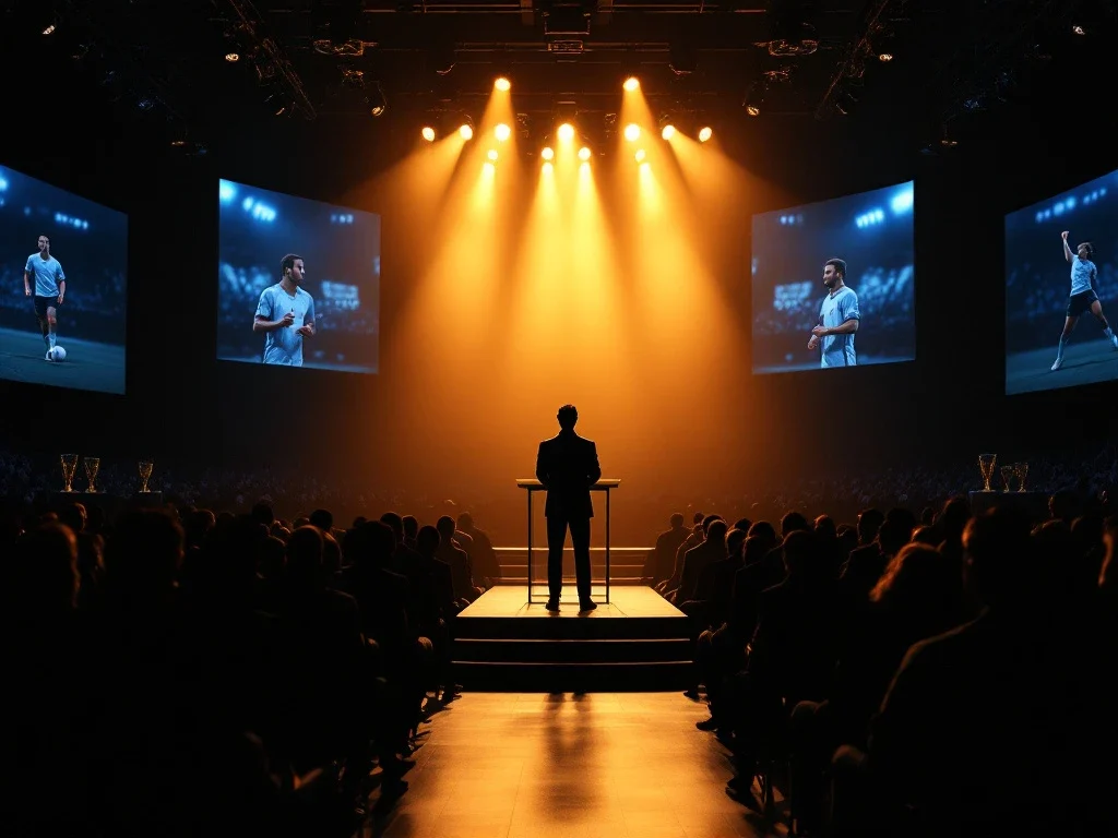Silhouet van spreker op podium bij conferentie