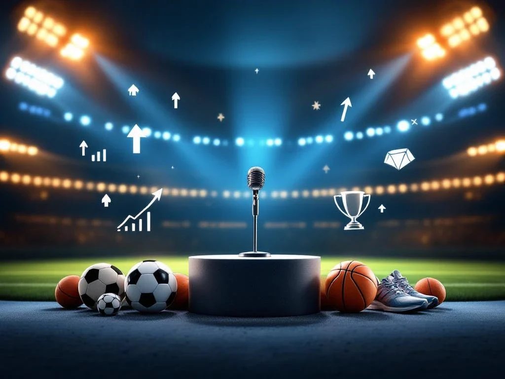 Podium met microfoon in sportstadion met dramatische verlichting