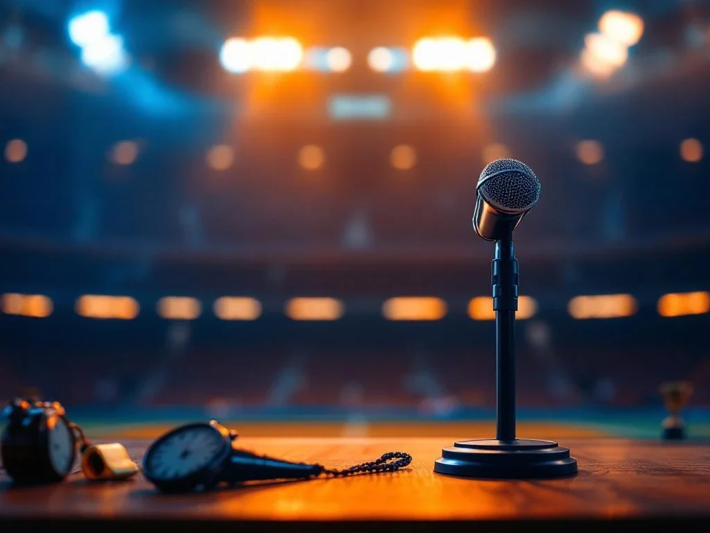 Professionele microfoon op podium met sportarena op achtergrond