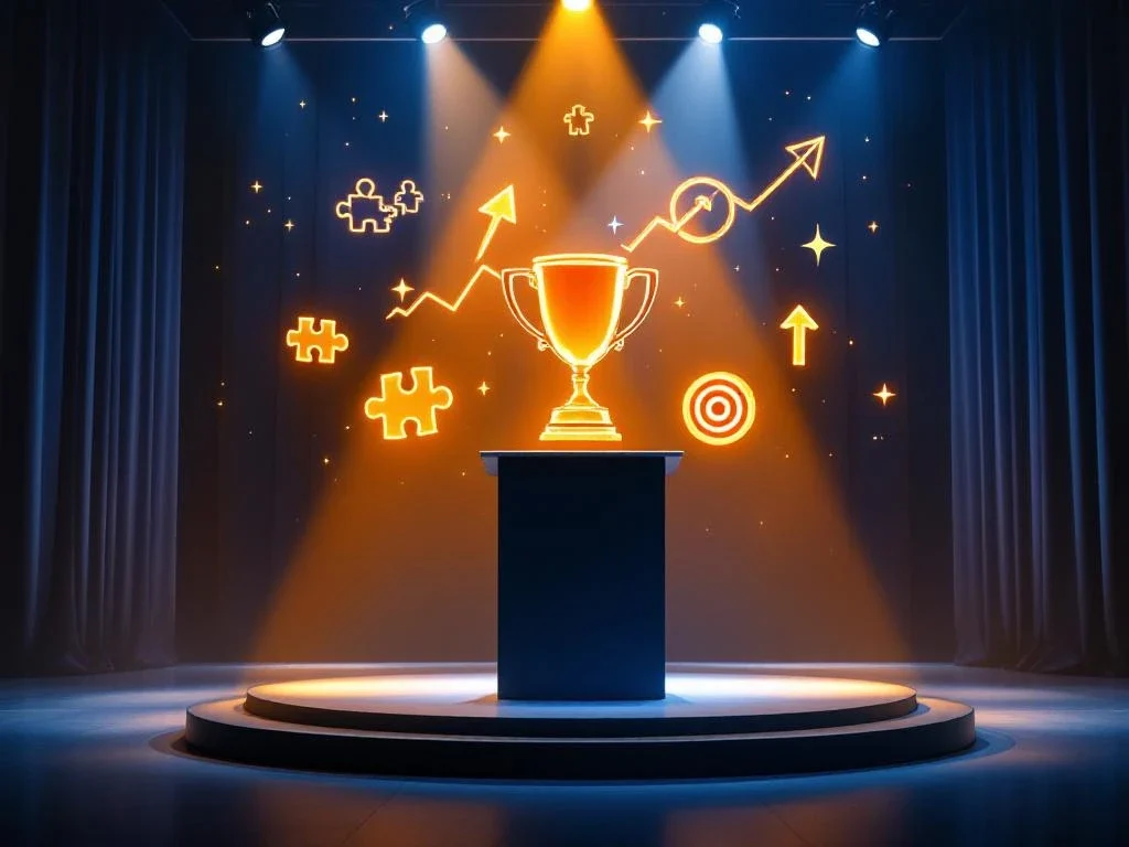 Moderne conferentiepodium met sportieve symbolen: trofee