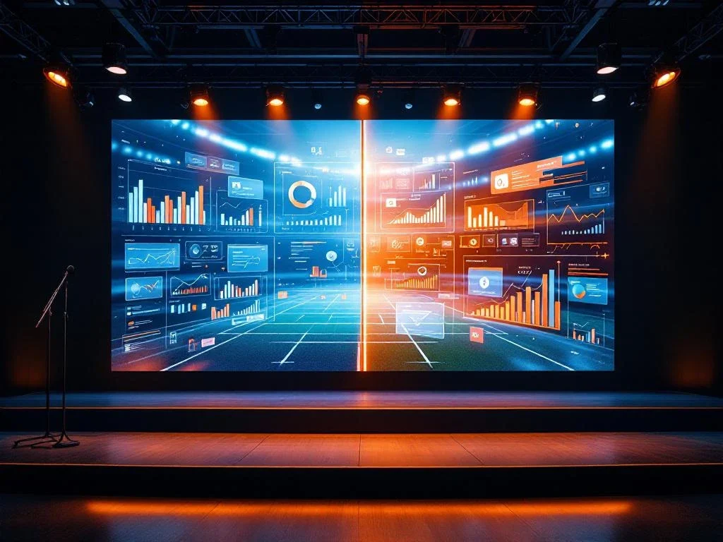 Moderne conferentie podium met microfoon overgaand in dynamische sportanalyse visualisatie met grafieken in oranje en blauw