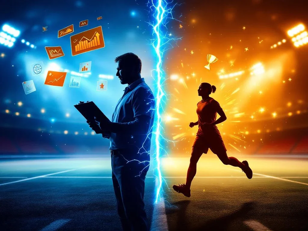 Gesplitst scherm met coach en atleet silhouetten tegen sportstadion achtergrond in SportsSpeakers kleuren