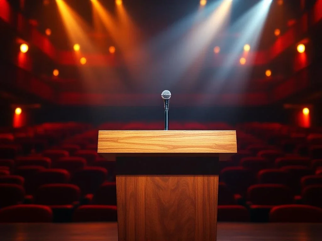 Houten spreekgestoelte met microfoon onder spotlights in auditorium met rode stoelen