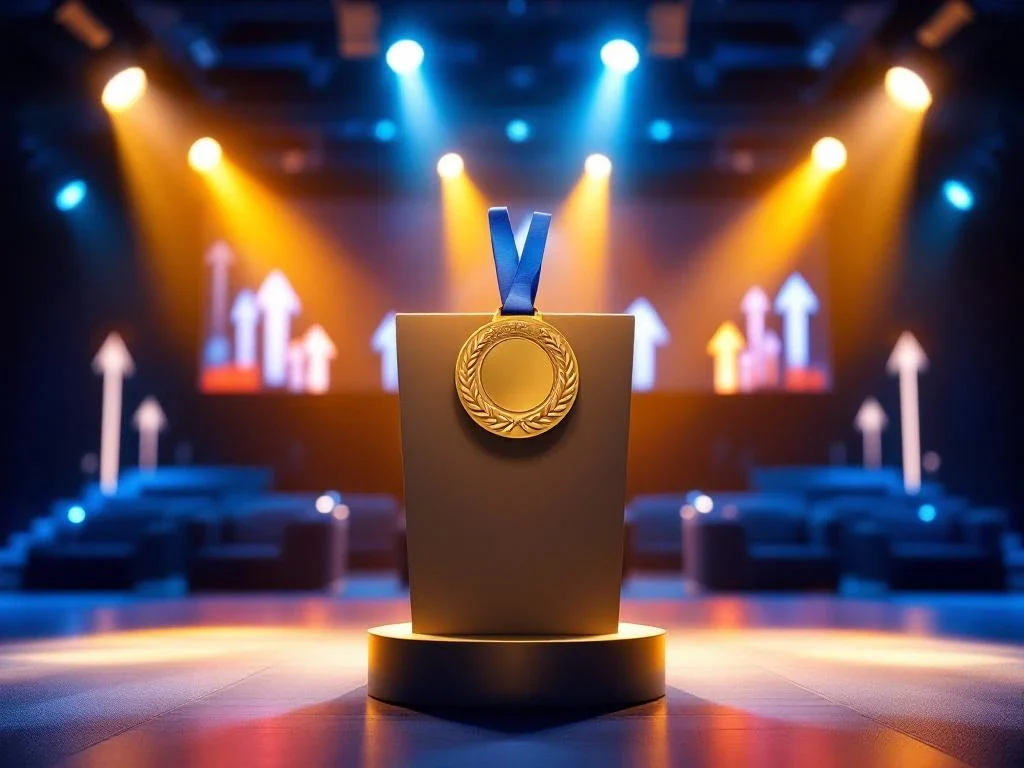Spreekpodium met gouden Olympische medaille op voorgrond